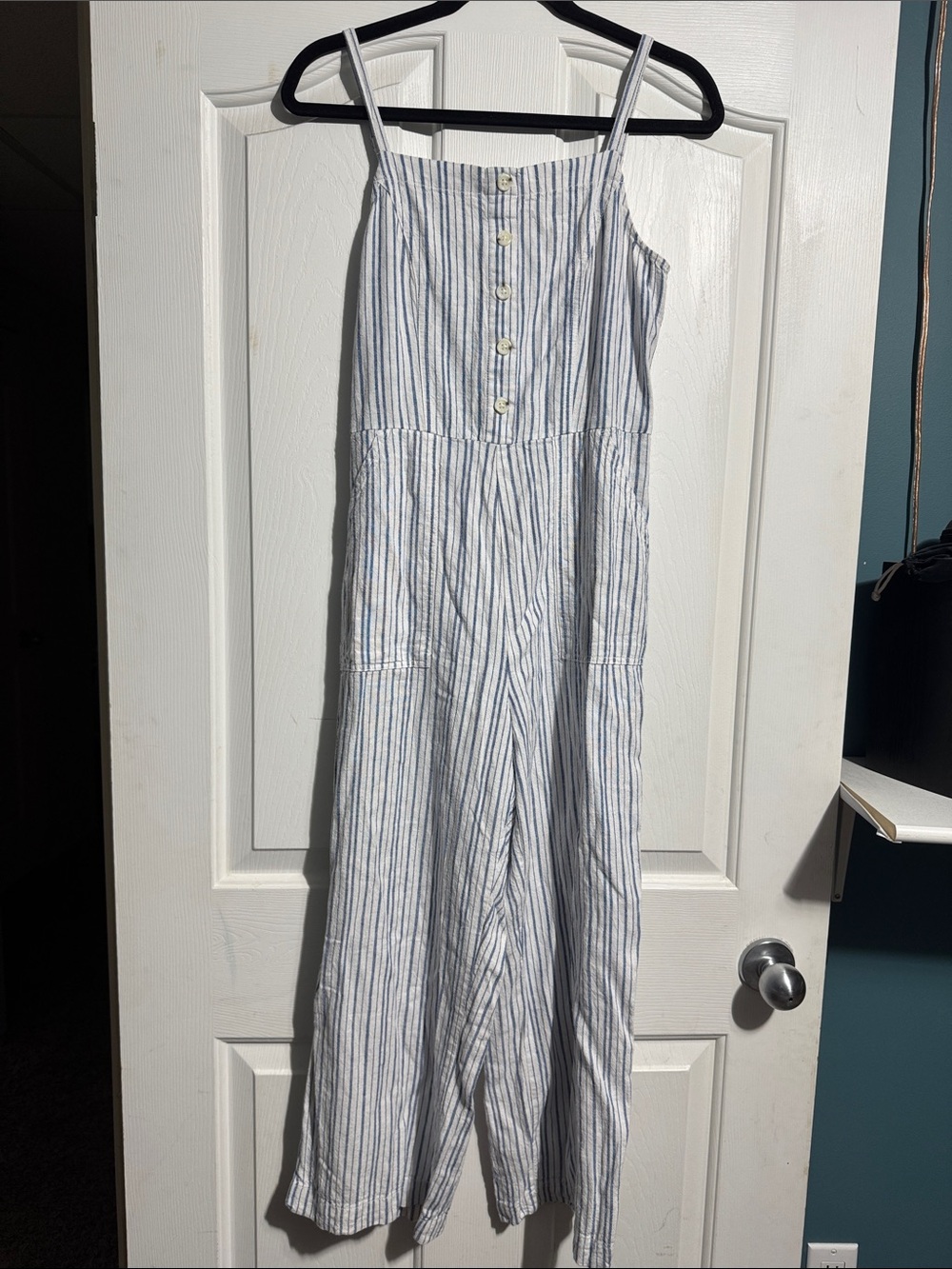 Old Navy Linen Blend Striped Jumpsuit Blue White Wide Leg M Nautical Coastal